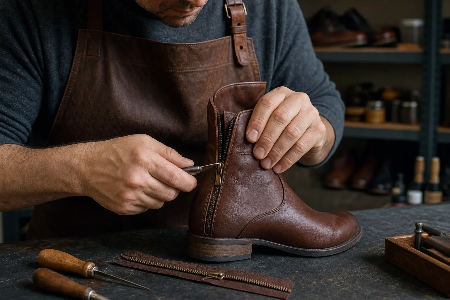 Profissional consertando o zíper de uma bota em Hortolândia.