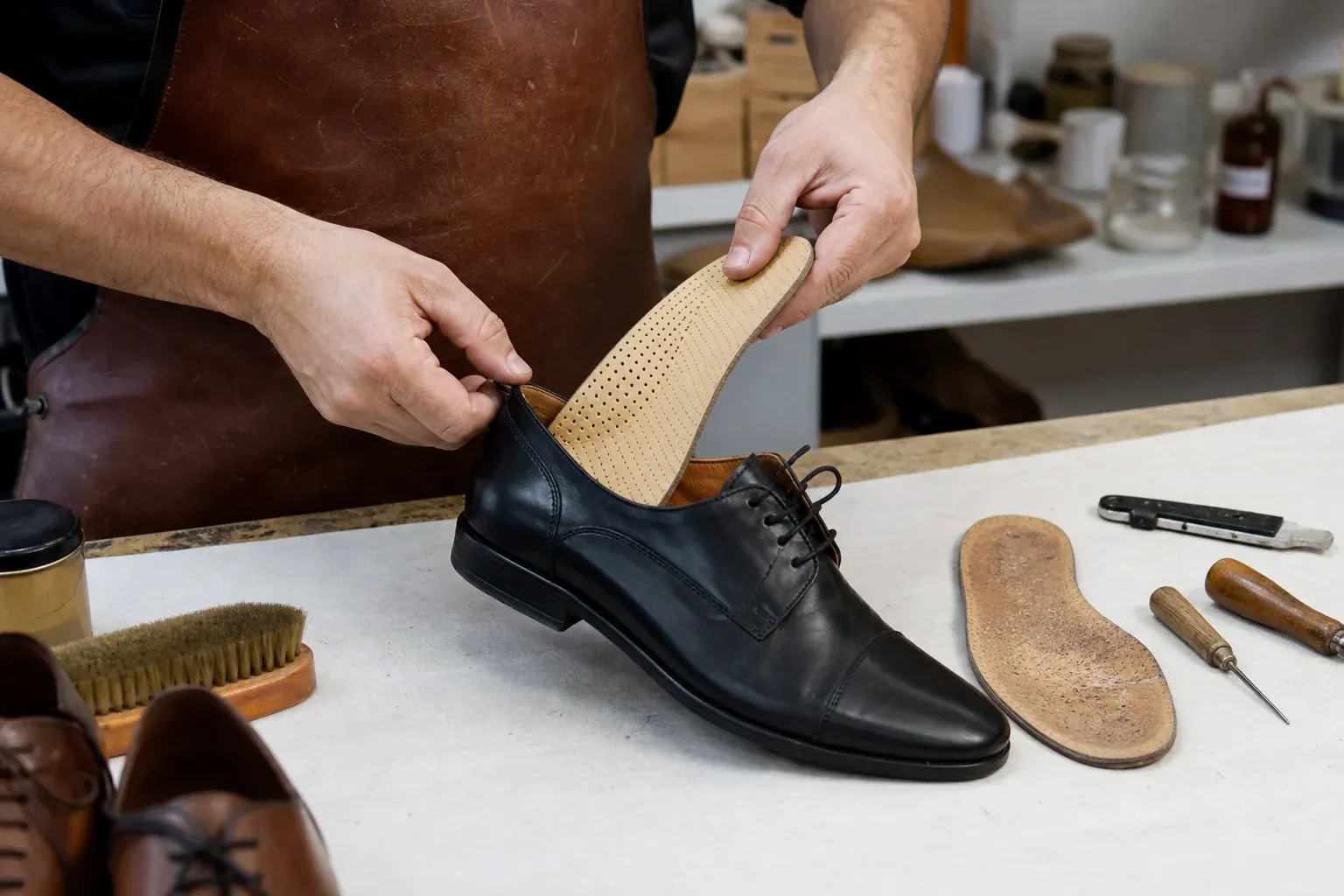 Troca de palmilhas em sapatos feita por um especialista em Hortolândia.